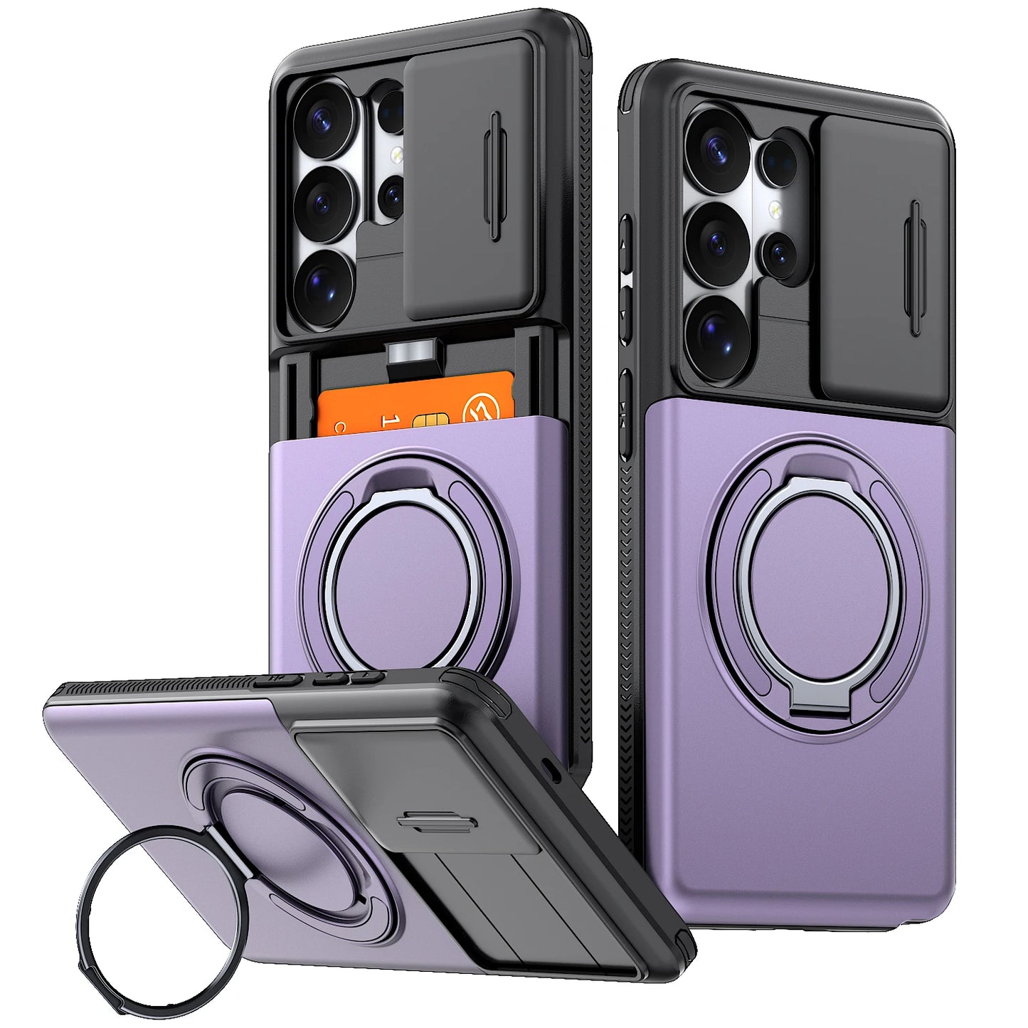 Armor Case For Samsung Galaxy S26 S25 S24 S23 S22 Ultra Plus S25FE S24FE Slide Camera Protect Ring Holder With Card Cover Funda