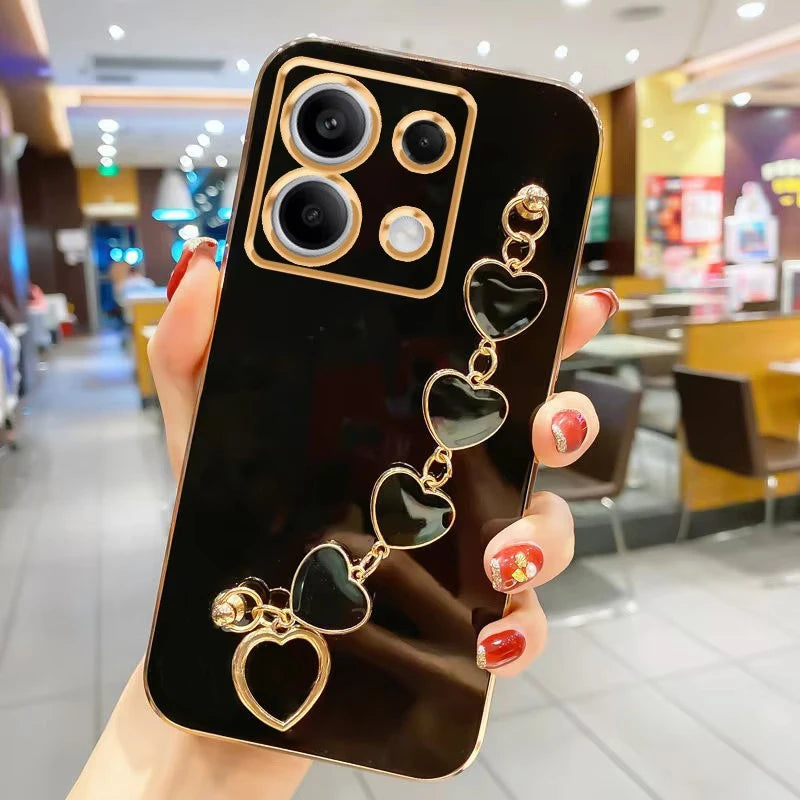 Luxury Plating Love Heart Bracelet Chain Phone Case For XiaoMi 13T 14T Redmi 13C 14C 15 C 4G  Note 14 13 12 Pro Plus Back Cover