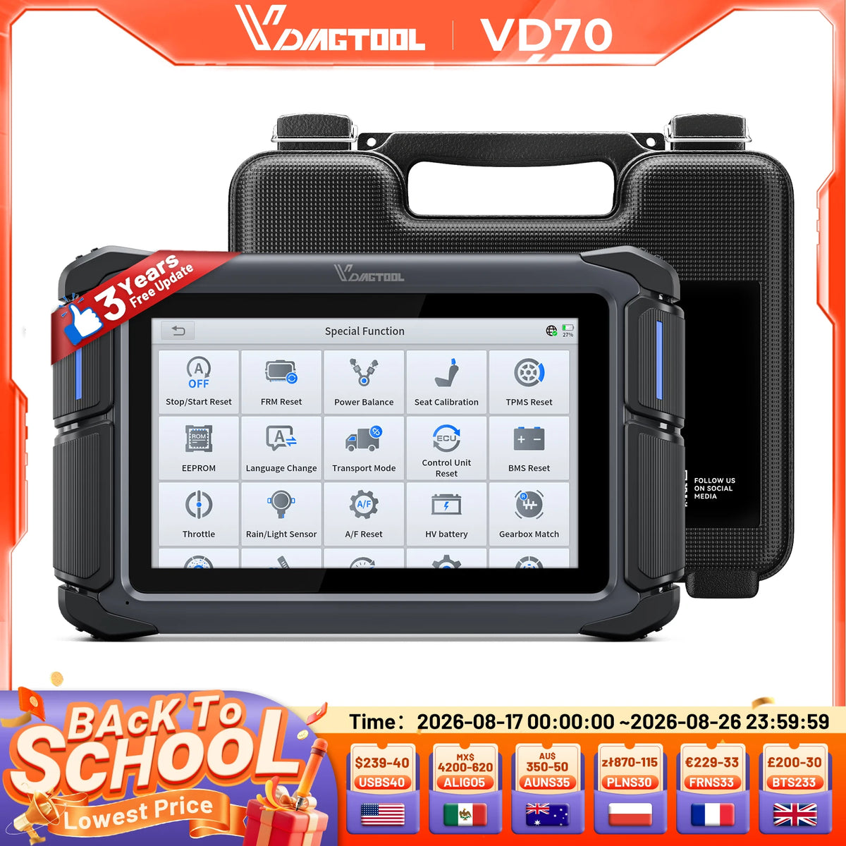 VDIAGTOOL VD70 Lite OBD2 Automotive Scanner Bi-Directional Car Diagnostic Key Tool Programmer with 31+Reset DOIP Free Updates