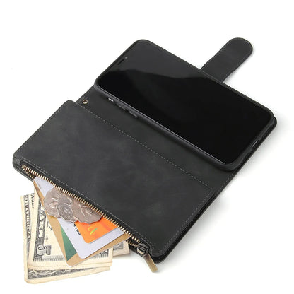 Premium Leather Wallet Case For iPhone 16 15 14 13 12 11 17 Pro Max Plus 17Air 16e Zipper Wallet Card Slots Magnetic Flip Cover