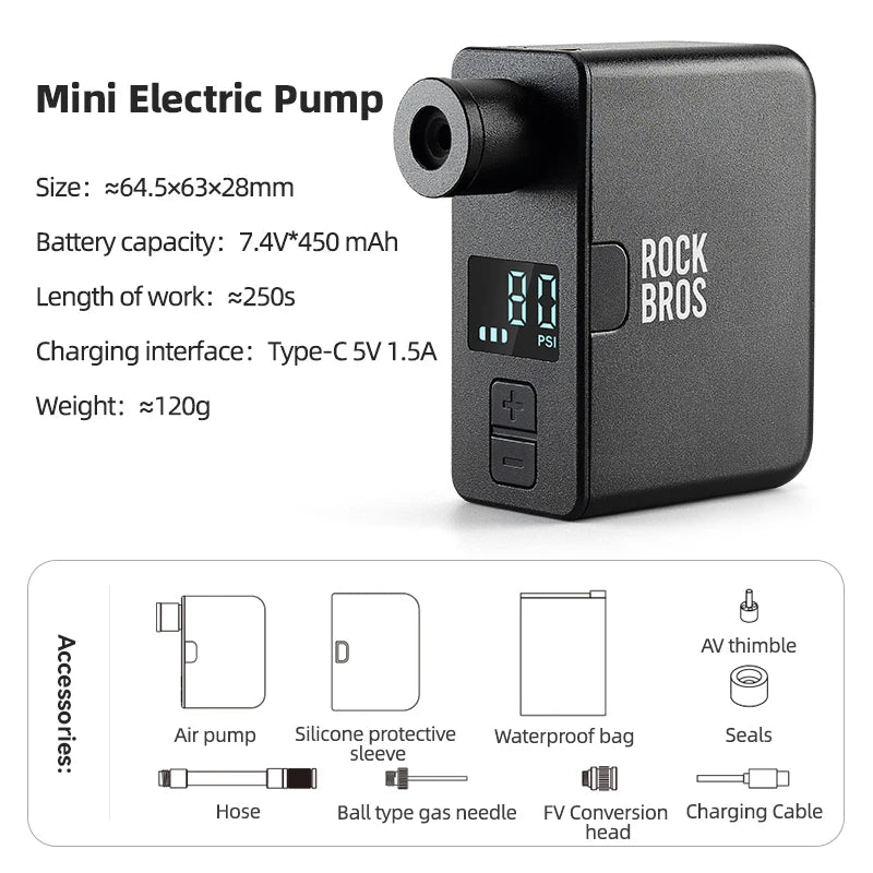 ROCKBROS Bike Pump Portable Mini Electric Air Pump Handheld 120PSI Rechargeable Tire Inflator Car Bike Motorcycle Bicycle Pump