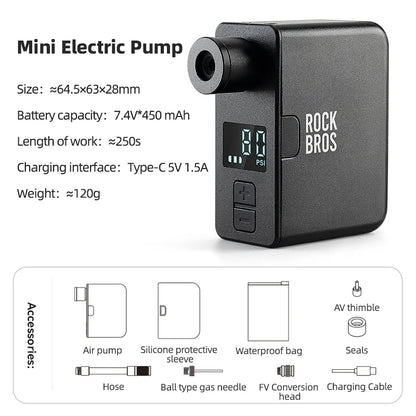 ROCKBROS Bike Pump Portable Mini Electric Air Pump Handheld 120PSI Rechargeable Tire Inflator Car Bike Motorcycle Bicycle Pump