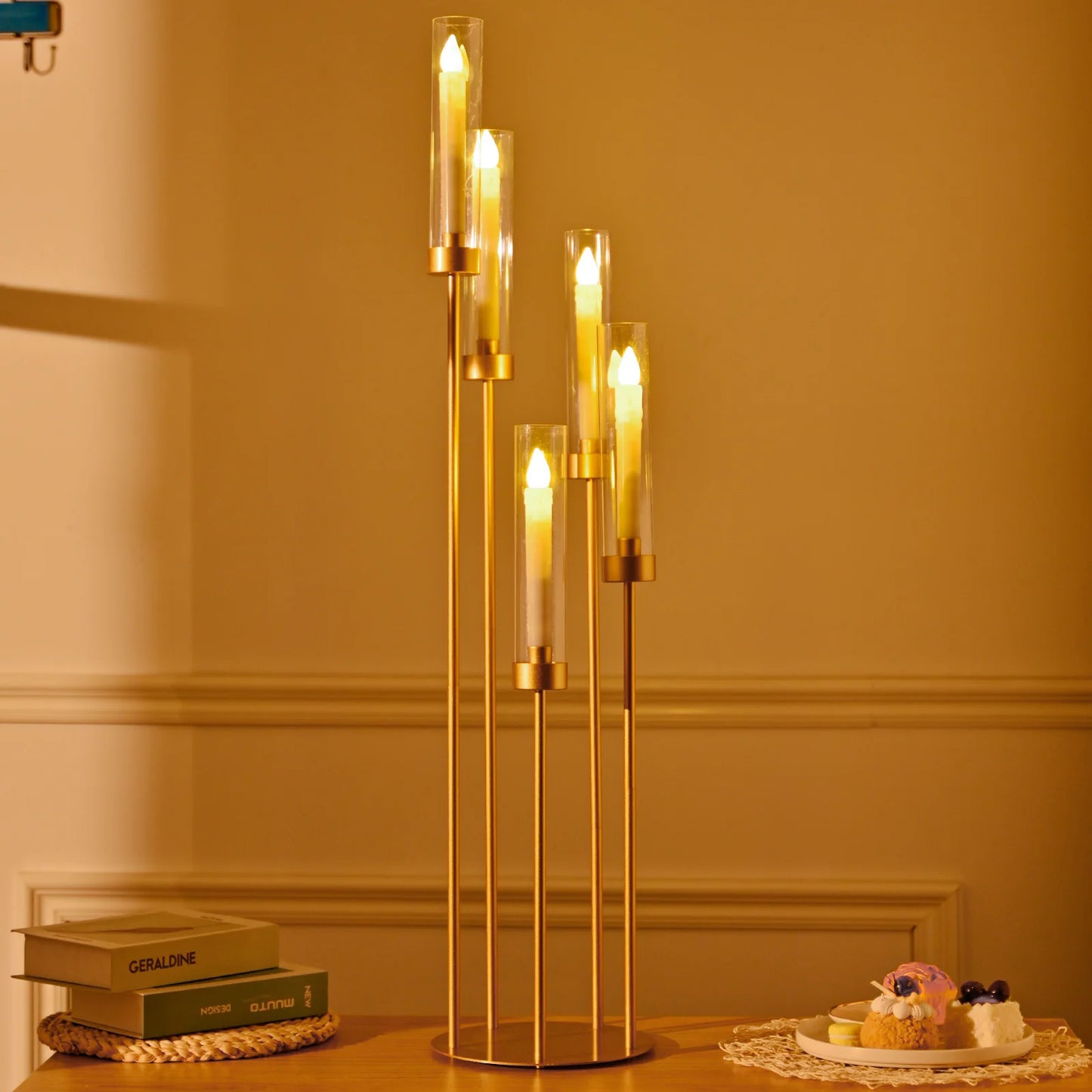 Gold Floor Candelabra 5 Arm Tall Candle Holder with Acrylic Lampshade for Wedding Table Birthday Party Decoration 10PCS
