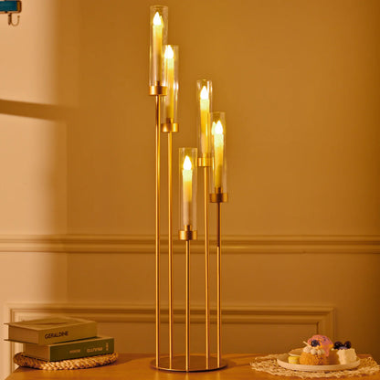 Gold Floor Candelabra 5 Arm Tall Candle Holder with Acrylic Lampshade for Wedding Table Birthday Party Decoration 10PCS