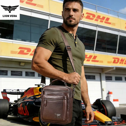 LION VERA Men's Shoulder Bag Casual Mobile Phone Zipper Bag Large Capacity Business Genuine Leather Travel Crossbody Bag