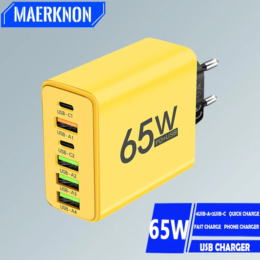 65W 6 Ports USB Charger Fast Charging USB Type C Phone Charger Adapters For iPhone 15 14 Pro Samsung Xiaomi Portable PD Charger