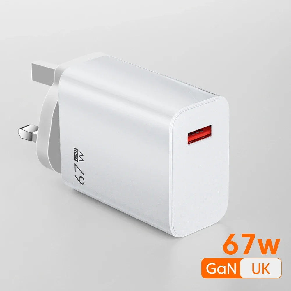 GaN 67W USB Charger Fast Charging EU/US/UK Plug Charger Adapter 10A Type C Cable For iPhone Samsung Xiaomi Huawei Quick Charger