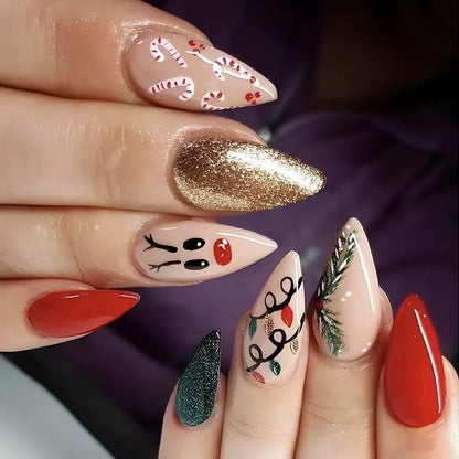 24Pcs Glitter Pink Sequins Fake Nails – Halloween Skull & Love Print Ballet Press-on Nails