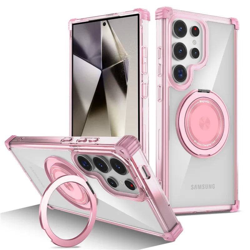 Rotating Magnetic Magsafe Bracket Case For Samsung Galaxy S26 Ultra S26 Plus S26 Ring Stand Holder Transparent Protective Cover