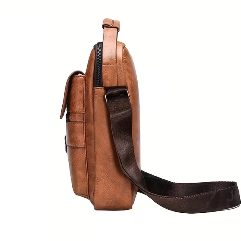 Daily Wear Vintage PU Leather Messenger Bag Fashion Solid Tone Shoulder Purse, Spacious Inner Storage for Male Everyday Items