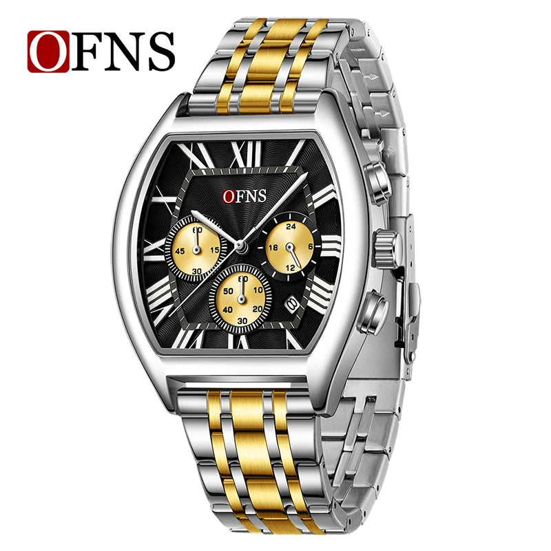 OFNS 1644 Fashion Men Quartz Wristwatch design six-pin Multifunction Chronograph Calendar Waterproof Steel Strap Sports Watches