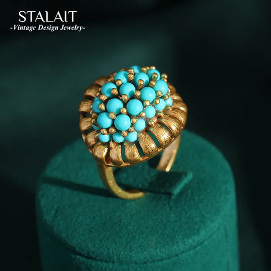 Victorian Retro 18K Gold Plated Adjustable Turquoise Cluster Ring - Luxurious Jewelry for Banquet & Daily Wear