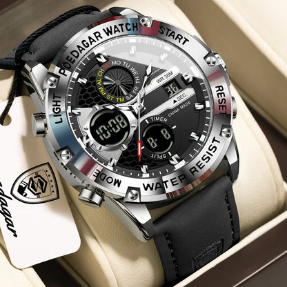 POEDAGAR Top Fashion Man Clock Waterproof Electronic LED Luxury Men's Watches Dual Time Display Digital Leather Men Quartz Watch