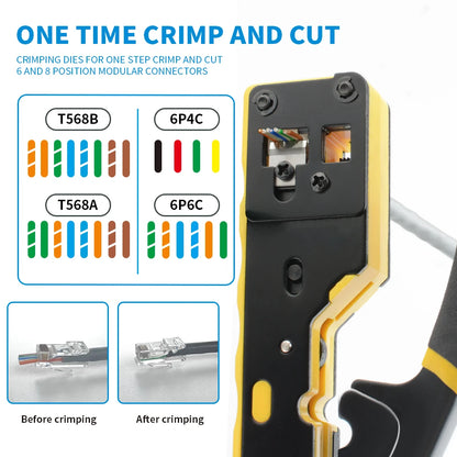 EASY-Type RJ45 Network Crimper - 3-in-1 Crimp/Cut/Strip Lan CAT6A/6/5E (STP/UTP) & RJ11/12 Tel Modular Cable