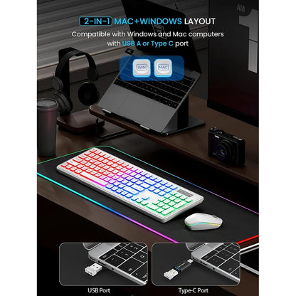 Backlit Wireless Keyboard and Mouse,Quiet Light Up Keys, Tilt Legs, Rechargeable USB Cordless Combo for Computer, PC, Laptop