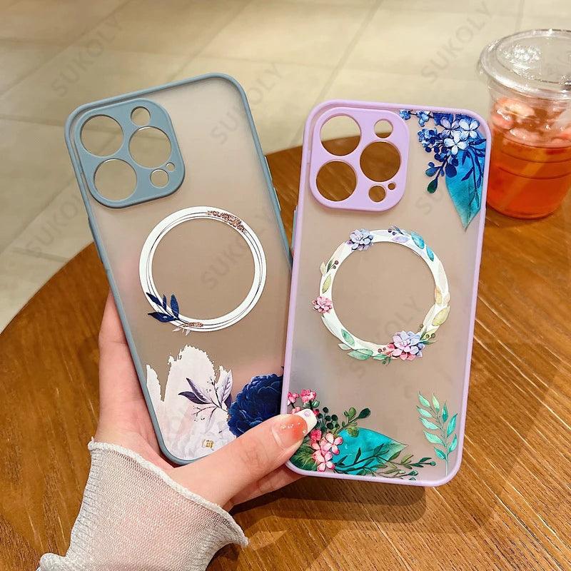 Flower Pattern Case For iPhone 17 16 13 15 Pro Max 14 12 Pro 11 Air Shockproof For Magsafe Charging Iron Ring Matte Phone Cover