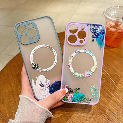 Flower Pattern Case For iPhone 17 16 13 15 Pro Max 14 12 Pro 11 Air Shockproof For Magsafe Charging Iron Ring Matte Phone Cover