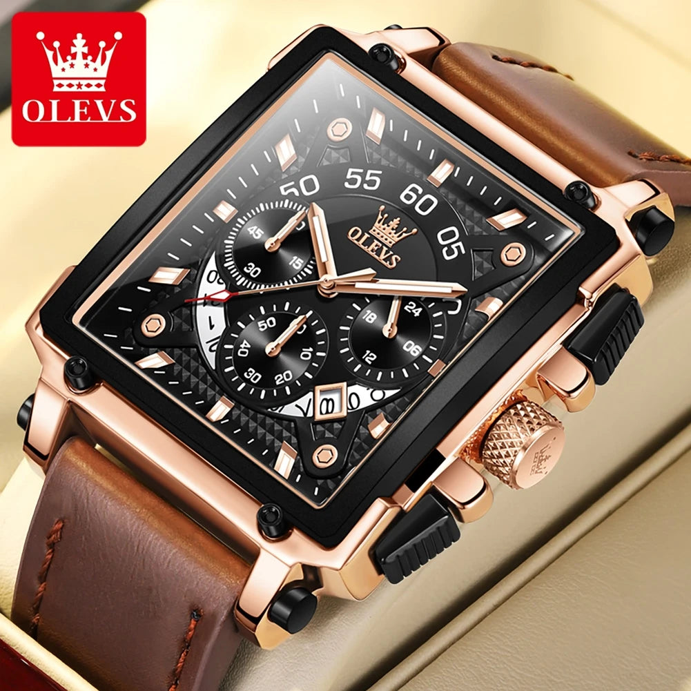 OLEVS 9919 Men Watch Original Brand Square Quartz Watch Waterproof Luminous Leather Strap Sport Clock Male Watch For Men
