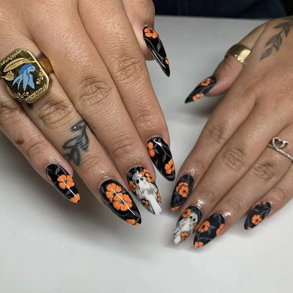 24Pcs Halloween Spider Print False Nails – Gothic Short Round Press-on Nail Tips for Women