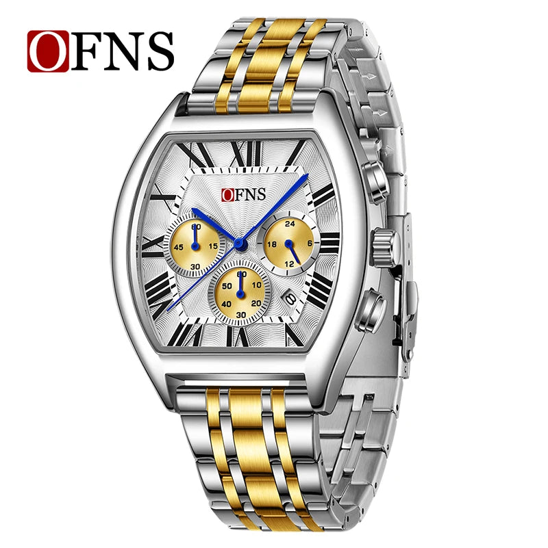 OFNS 1644 Fashion Men Quartz Wristwatch design six-pin Multifunction Chronograph Calendar Waterproof Steel Strap Sports Watches