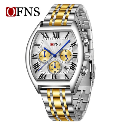 OFNS 1644 Fashion Men Quartz Wristwatch design six-pin Multifunction Chronograph Calendar Waterproof Steel Strap Sports Watches