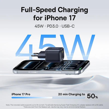 Baseus 45W GaN Charger For iPhone 17 16 15 Pro Max Samsung Galaxy Fast Charger Phone Charger USB C Charger Portable PD Charger