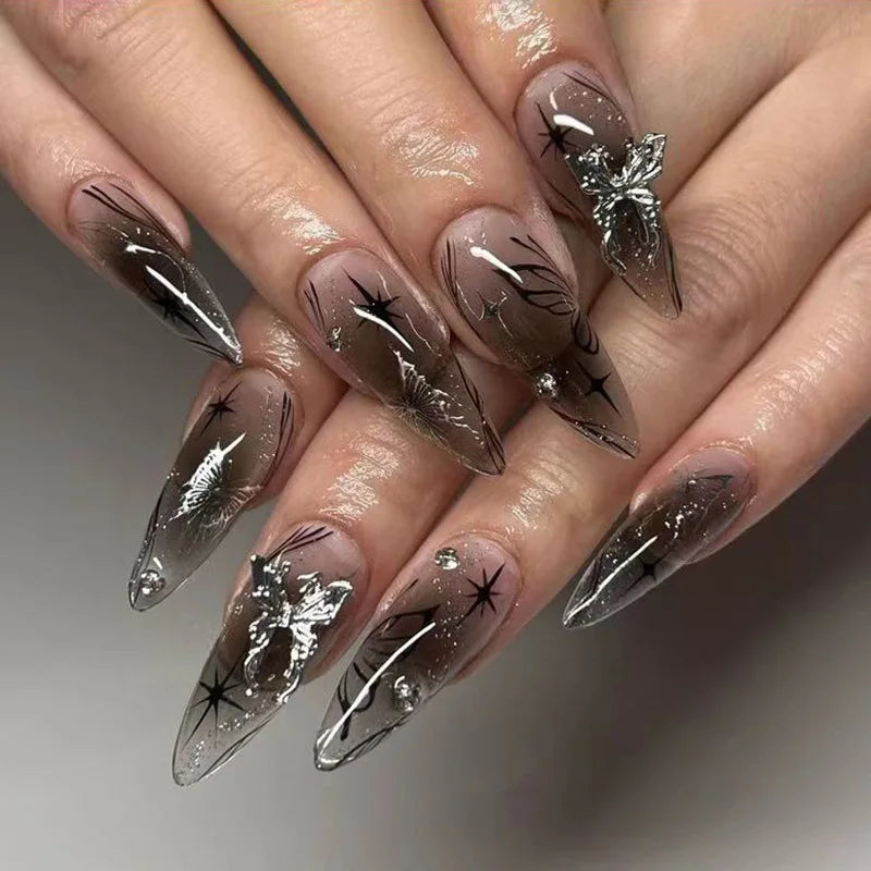 24Pcs Black Y2K Fake Nails with Diamond – Long Almond Butterfly Design Halloween Press-on Nails