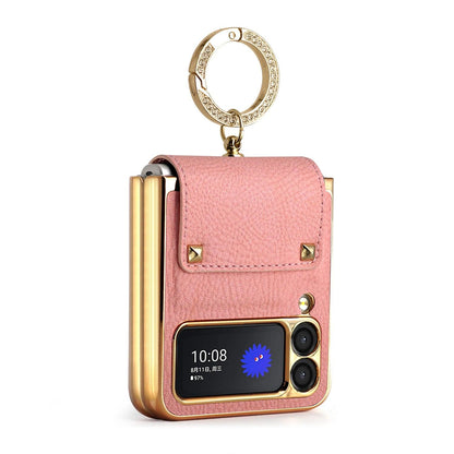 Z Flip6 Flip4 Flip5 plating PC Ring Holder Orange Leather mobile phone case for samsung galaxy Z Flip 7 5 Z flip4 5 cover case