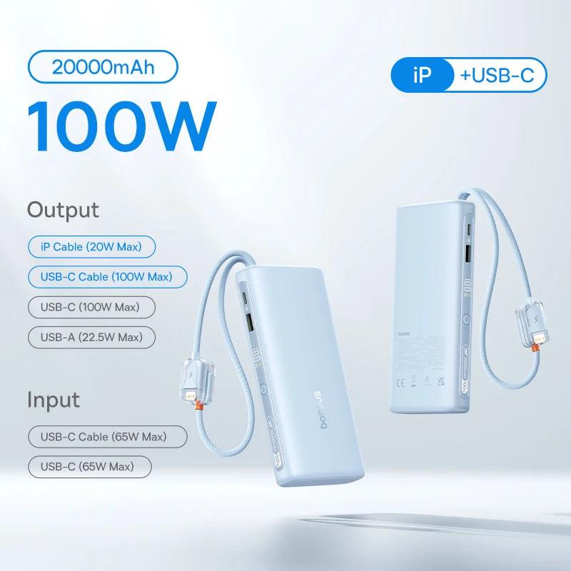 Baseus 145W Power Bank 25000mAh Fast Charging Built-In Type-C Cable Portable Battery Charger for iPhone Samsung MacBook Tablet