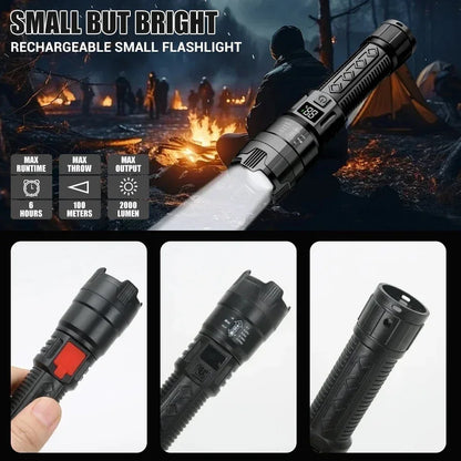 High Power 2000LM LED Flashlight Built-in Battery USB Rechargeable Strong Light Tactical Torch Outdoor Camping Hiking Lantern - Urbizia