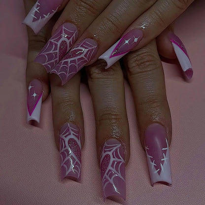 24Pcs Glitter Pink Sequins Fake Nails – Halloween Skull & Love Print Ballet Press-on Nails