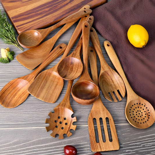 10-Piece Solid Wood Kitchen Utensil Set – Non-Stick Safe Cooking Tools
