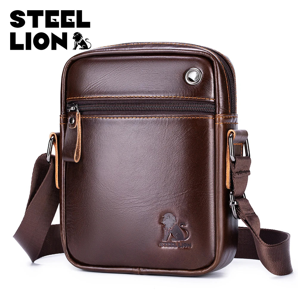 STEEL LION Men's Genuine Leather Crossbody Bag, Cowhide Business Vertical Mini Casual Shoulder Bag, Mobile Phone Bag
