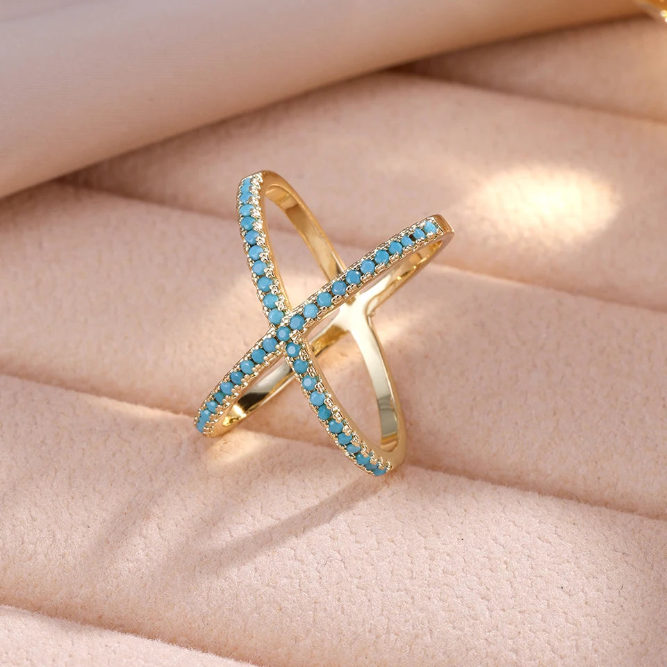 Yupsk Exquisite Shiny Blue Turquoise CZ Cross Ring for Women Fashion Engagement Wedding Rings Couple Jewelry