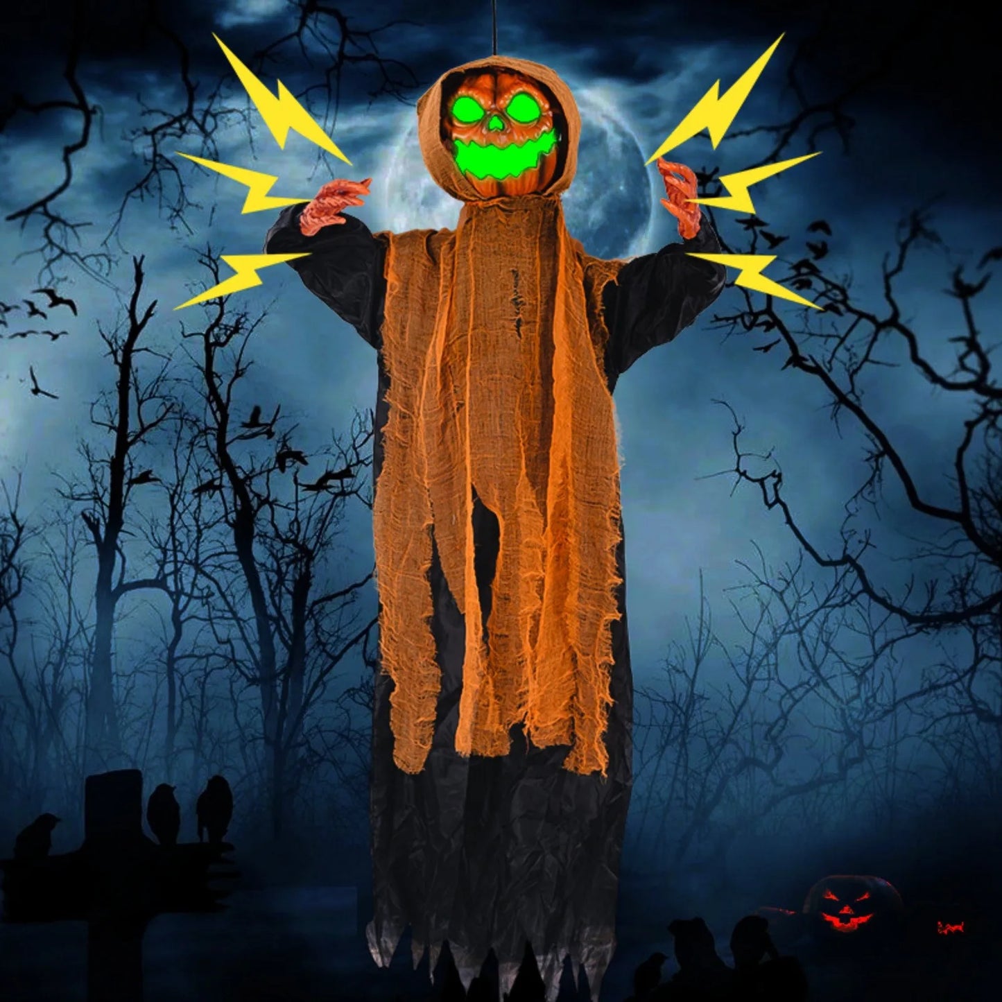 Halloween Pumpkin Ghost Decoration – Swinging, Glowing, and Sound-Activated Prop