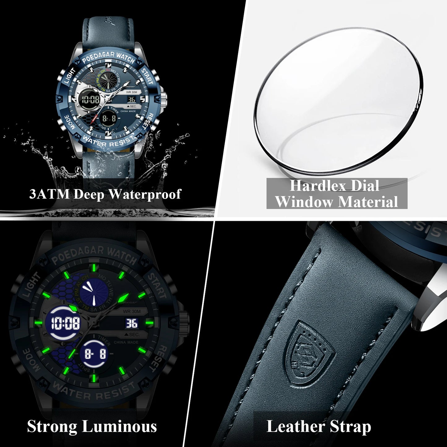 POEDAGAR Top Fashion Man Clock Waterproof Electronic LED Luxury Men's Watches Dual Time Display Digital Leather Men Quartz Watch