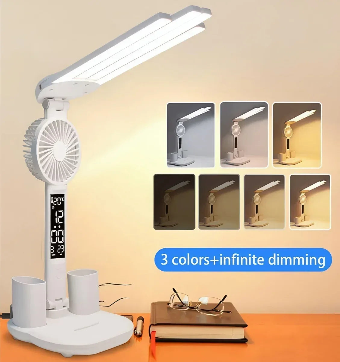 3 Color LED Table Lamp with Fan And Clock Four Headed Folding USB Charging Multifunction Desk Lamp for Reading Night Light - Urbizia