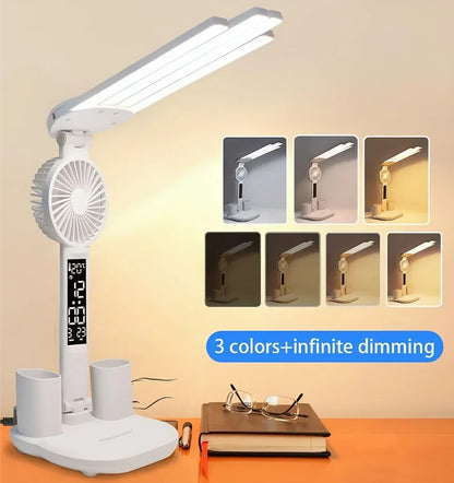 3 Color LED Table Lamp with Fan And Clock Four Headed Folding USB Charging Multifunction Desk Lamp for Reading Night Light - Urbizia