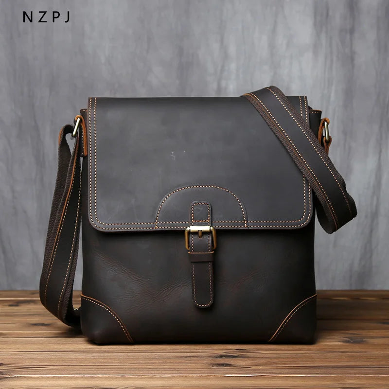 NZPJ Retro Men's Leather Shoulder Bag First Top Layer Cowhide Messenger Bag Casual Vertical Men's Bag Suitable For 11-Inch Ipad