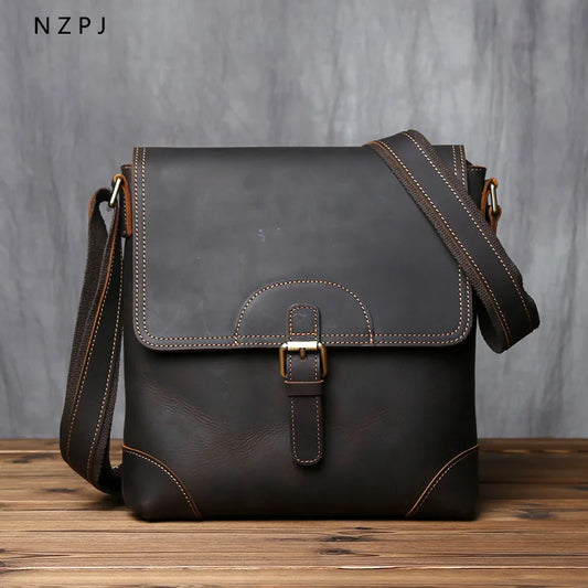 NZPJ Retro Men's Leather Shoulder Bag First Top Layer Cowhide Messenger Bag Casual Vertical Men's Bag Suitable For 11-Inch Ipad