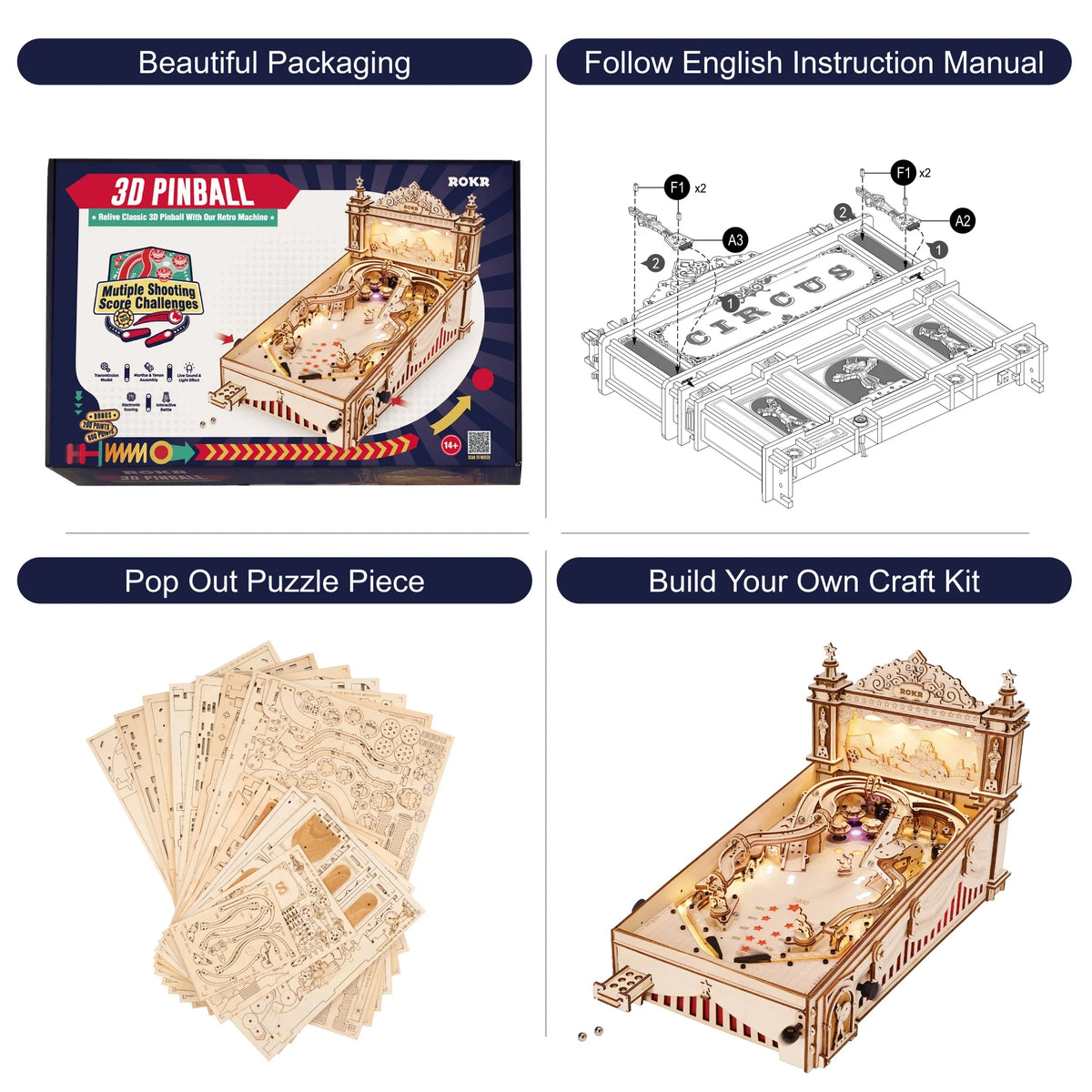 ROKR 3D Pinball Machine Wooden 3D Puzzle DIY Pinball Game Model Building Kit Brain Teasers Jigsaw Toys Birthday Gift for Adults Teens