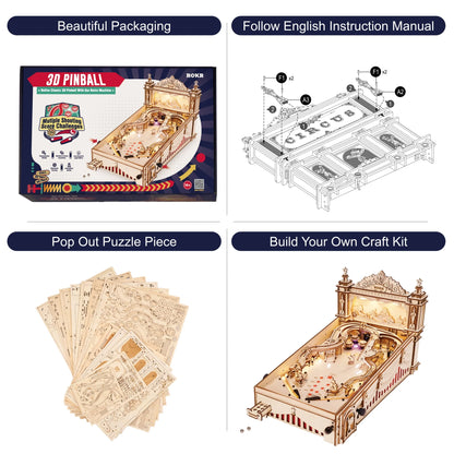 ROKR 3D Pinball Machine Wooden 3D Puzzle DIY Pinball Game Model Building Kit Brain Teasers Jigsaw Toys Birthday Gift for Adults Teens