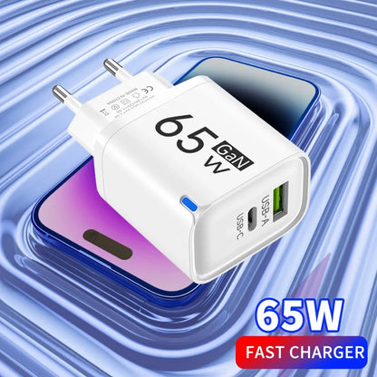 65W GaN Type C USB Fast Charge Chargers Dual Ports Cellphone Power Adapter For Samsung Huawei Xiaomi iPhone USB C Wall Charger