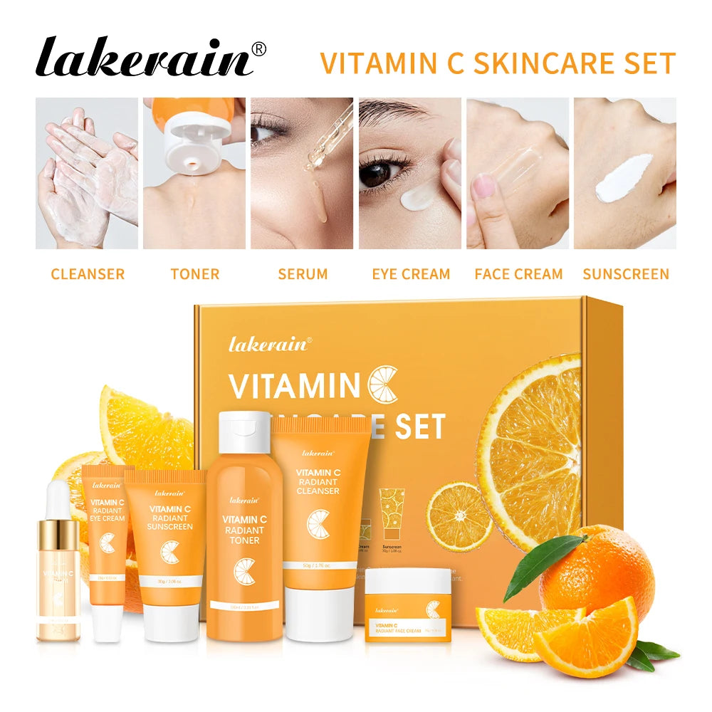Lakerain Vitamin C Skin Care Set 6pcs Kit Whitening Cream Dark Spots Serum Dark Circle Eye Facial Moisturizing Lightening Kits