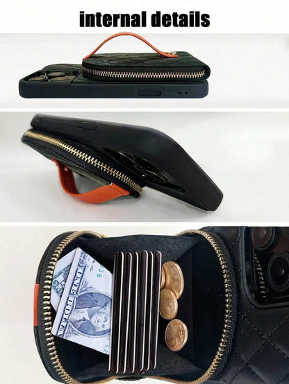 Luxury Lamb Print Half Round Patchwork Money Clip Wallet Fashion Phone Case with Seam Leather for iPhone 17/16/15/14/13/12/11