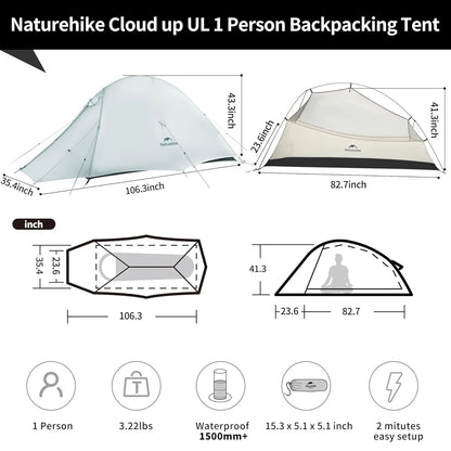 Naturehike Cloud Up UL 1/2 Person Tent Ultralight Camping Tent Double Layer Waterproof Backpacking Tent Outdoor Hiking Tent