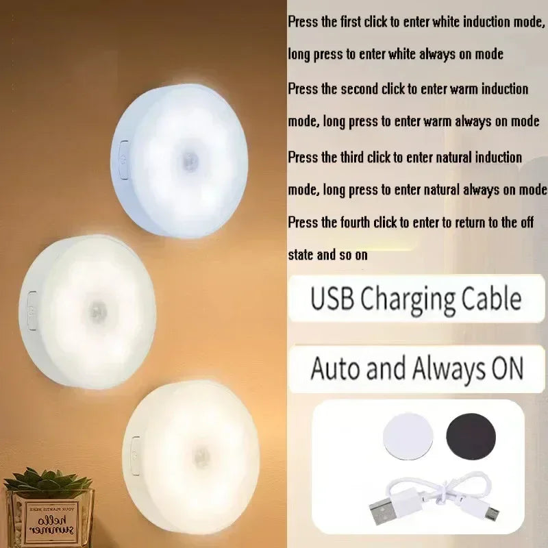 2~6 Pack Motion Sensor LED Night Light USB Rechargeable 3 Color Night Lamp Cabinet Wardrobe Lamp Staircase Wireless Closet Light - Urbizia