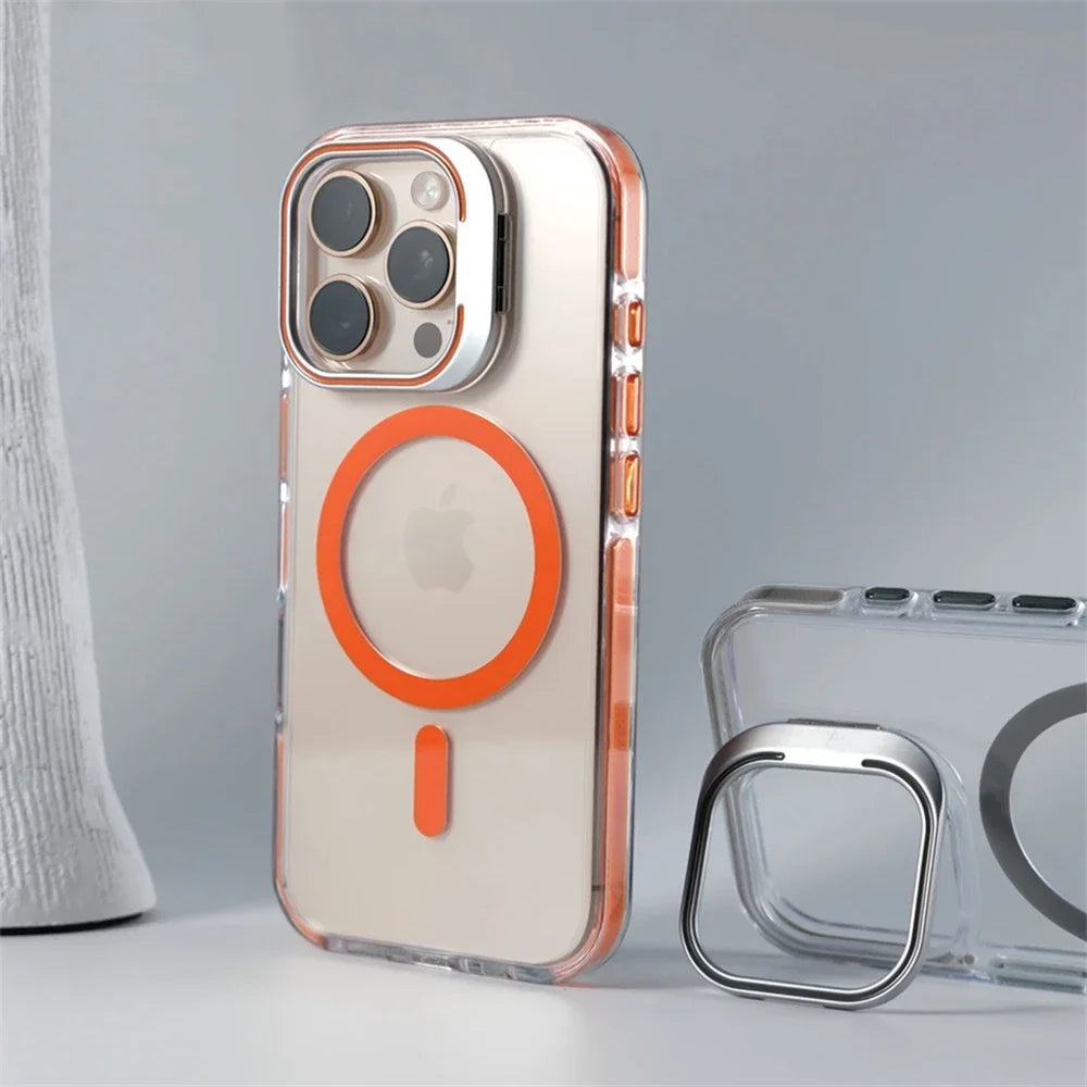 Luxury Lens Holder Shockproof Magnetic Case For iPhone 16 15 14 Plus 13 12 17 Pro Max 17Air 16e Magsafe Fashion Clear Cover