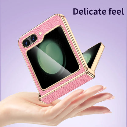 Cowhide Leather Phone Case for Samsung Galaxy Z Flip7 Flip6 Flip 7 FE 6 5 Luxury Hinge Protection Cover with Tempered Glass