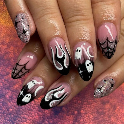24Pcs Halloween Spider Print False Nails – Gothic Short Round Press-on Nail Tips for Women